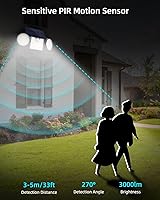 Vista 5 de Luces solares de pared para exteriores, 3 cabezales ajustables de 270°, iluminación de gran angular de 3000 lúmenes, 204 luces LED de inundación