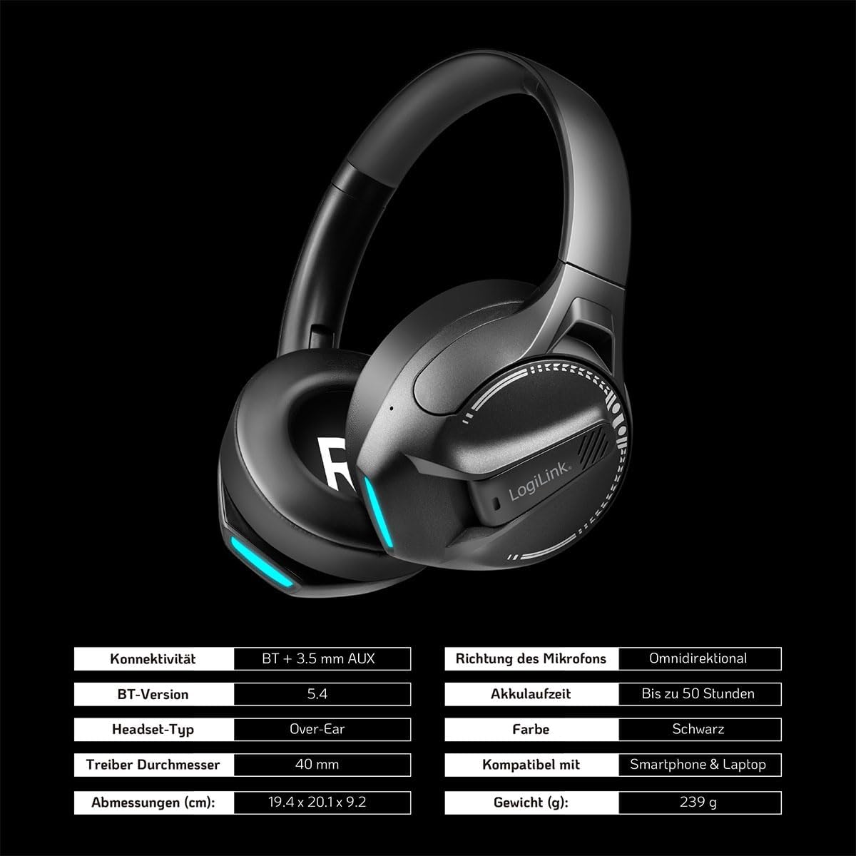 LogiLink BT0070 Headset specifications table in German and English, showing BT-Version 5.4