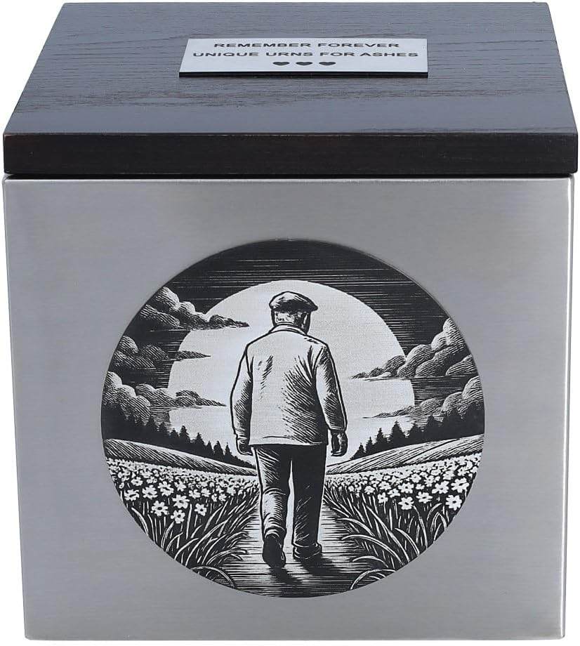 Funeral Urn for Grandfather – Cremation Urn with Elderly Man Design – Stainless Steel Memorial Box with Custom Engraved Plaque for Grandpa (Memorial Plaque Yes)