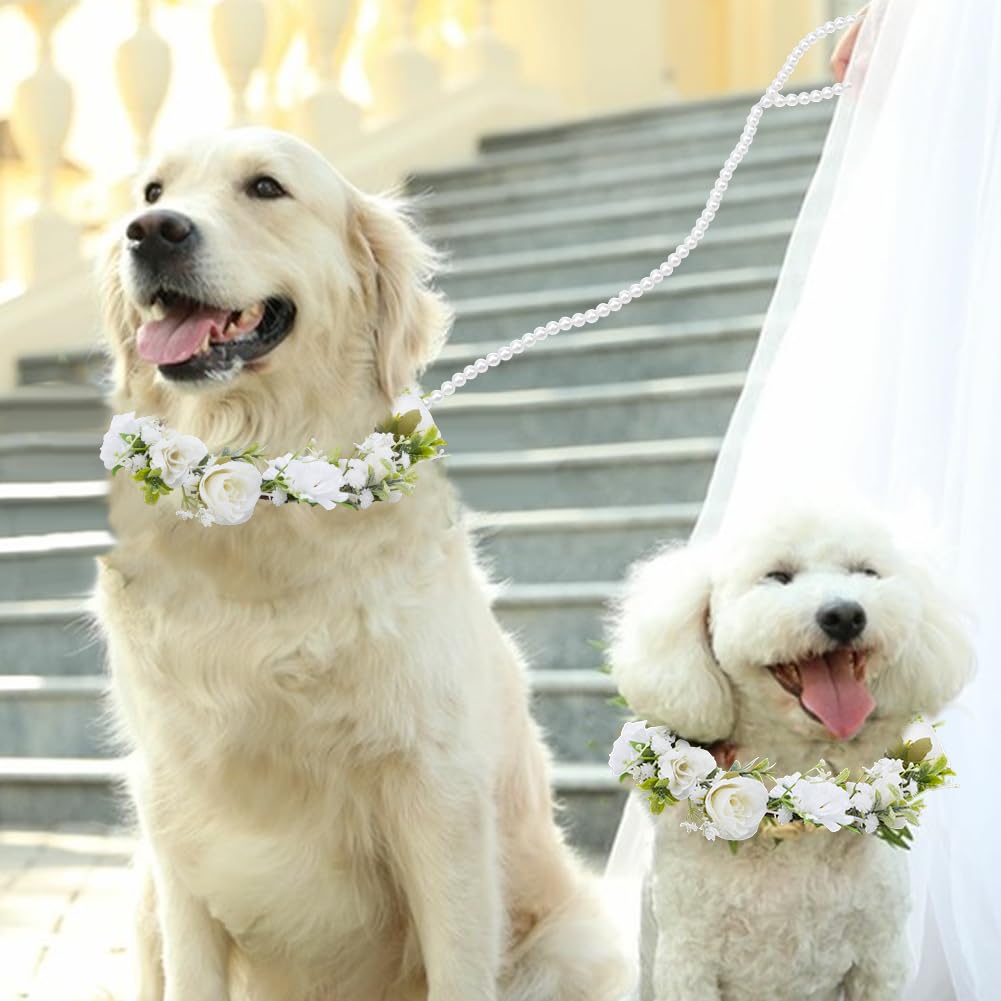 DELORIGIN 2Pcs Dog Wedding Flower Collar with Pearls Beaded Leash, Dog Flower Collar Wedding and Leash Set Pearls - Image 4