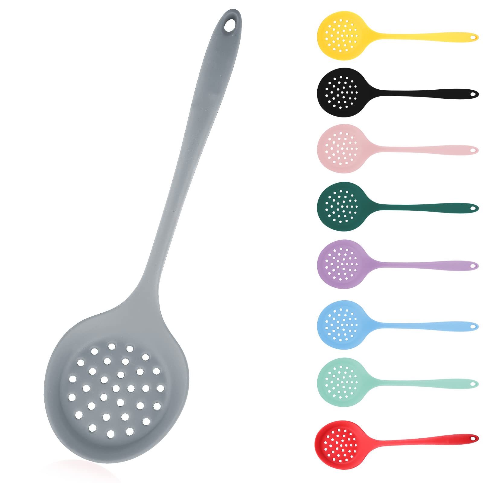 Grey Silicone Slotted Strainer Skimmer - Heat Resistant Non Stick Cooking Spoon