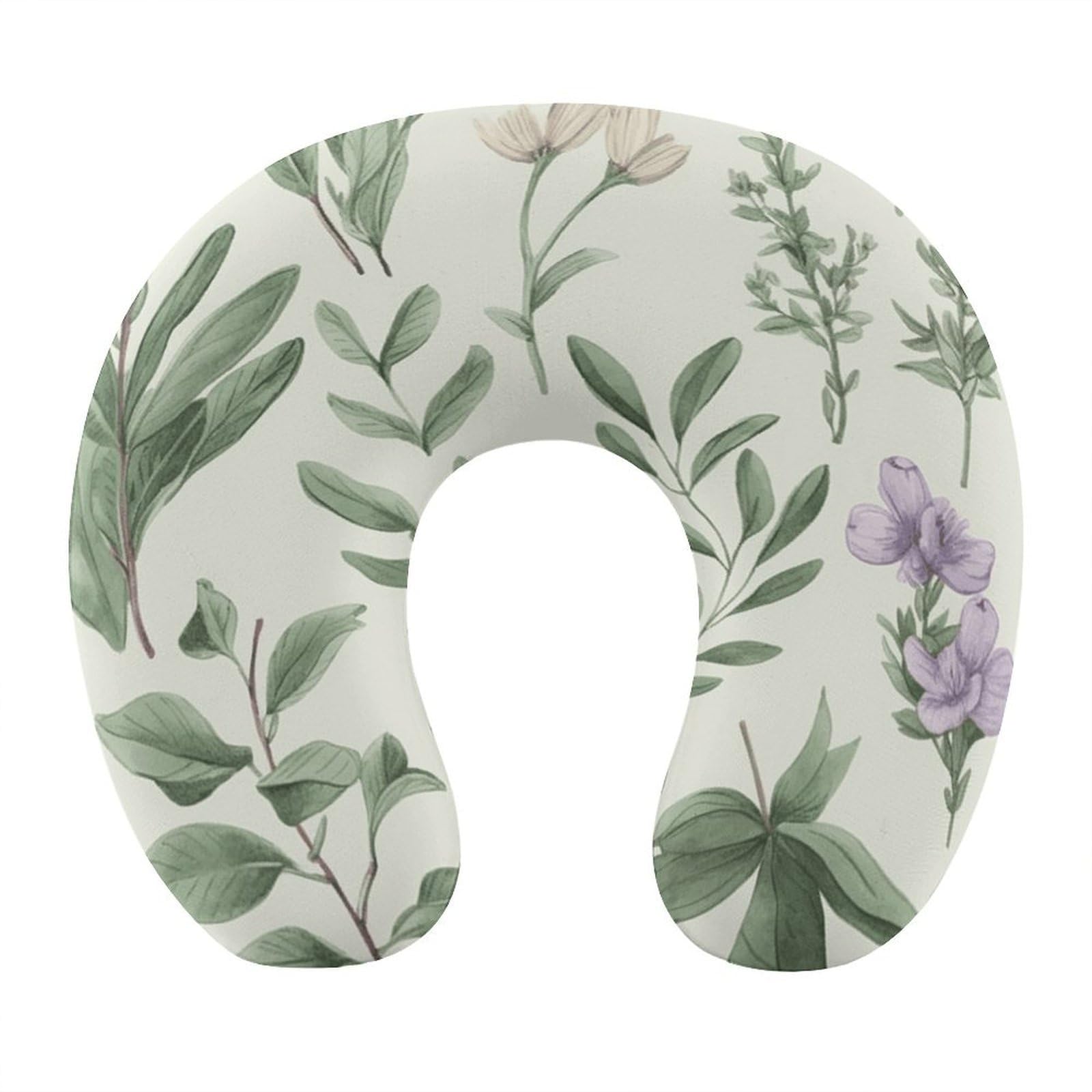 FekiLoot Green Flower Herb Sage Leaves and Branches Travel Pillow,U Shaped Office Napping Pillow Support Neck and Head Comfortable Travel Neck Pillow U Shape Sleeping Essentials for Long Haul Flights