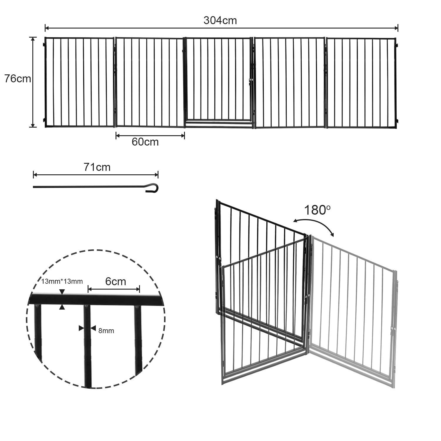 Kaminschutzgitter mit Tür Metall 304 cm | Kamingitter Absperrgitter faltbar | Tierschutzgitter | Türschutzgitter für Kinder-Sicherung | 5-teilig Elemente (je 60 x 76 cm) Schwarz