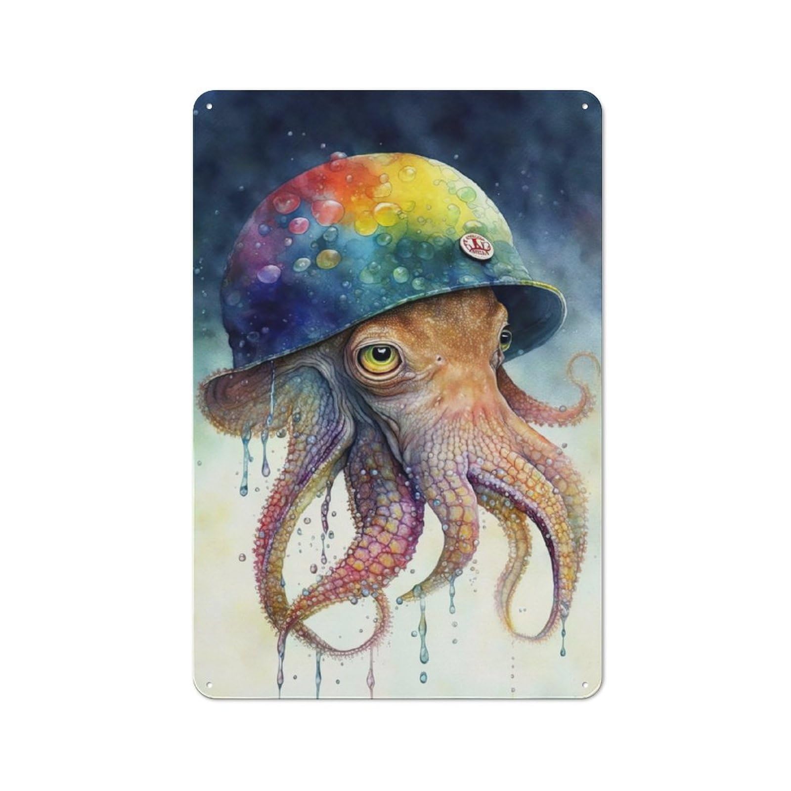 Junmoney Octopus In Watercolor Tin Sign 30X20cm For Pub Or Café, Retro-Style Wall Decor, For Garage, Workshop And Man Cave Decoration