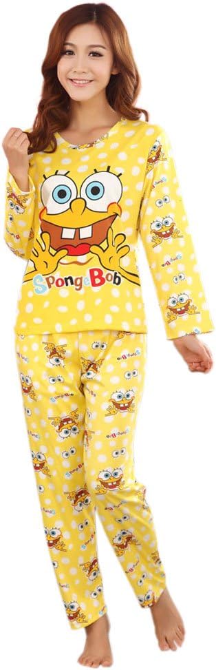 Meilaier Womens Cartoon Spongebob Long Sleeve Cotton Pajamas Sets Medium