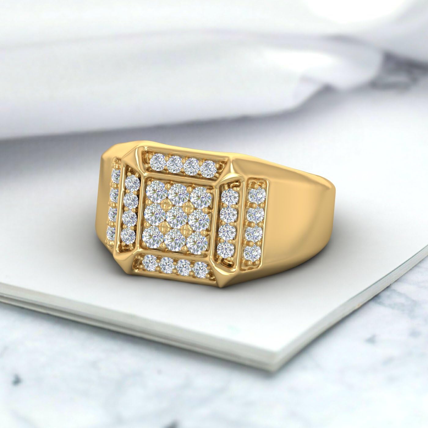 0.75 Carat Men's Diamond Cluster Wedding Band Ring in 10K Gold with Square Statement Design
