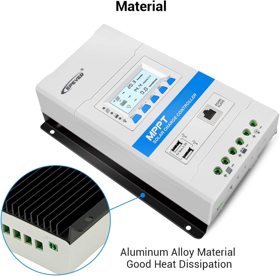 EPEVER 40A MPPT Solar Charge Controller 12V/24V Auto Solar Panel Charge Regulator with LED&LCD Display Double USB Port and MT50 Remote Meter Temperature Sensor RTS & PC Communication Cable RS485