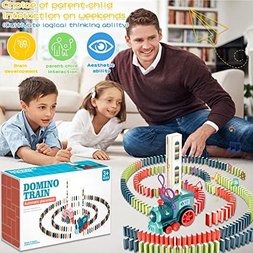 NCKIHRKK Domino Zug Set, 160 Stück Domino Bausteine, Elektrischer Zug mit Licht und Ton, Pädagogisches Spielzeug für Mädchen und Jungen ab 3 Jahren (Blau)