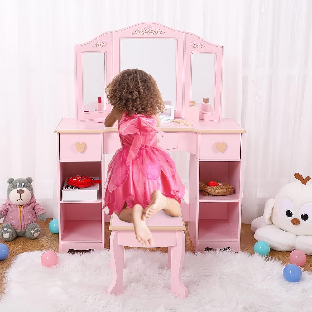 GAOMON Kids Vanity Set, Girls Makeup Vanity Table with Stool Mirror, Little Girl Makeup Desk, Toddler Dressing Table with Storage Drawers Open Shelves, Pink