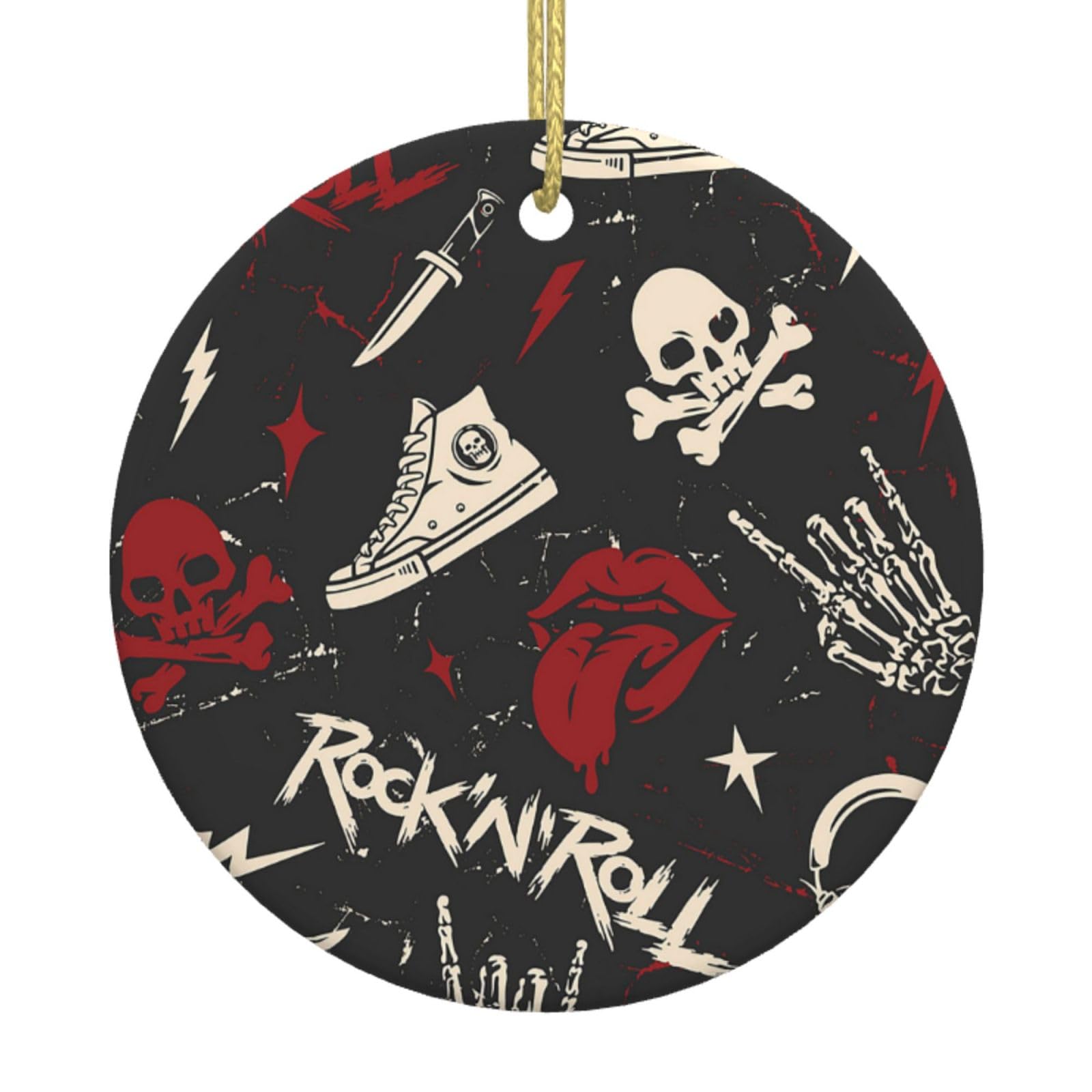 Circle White Ceramic Hanging Christmas Tree Decorations Bauble Rock And Roll Skull Xmas Ornaments For Festive Party New Year