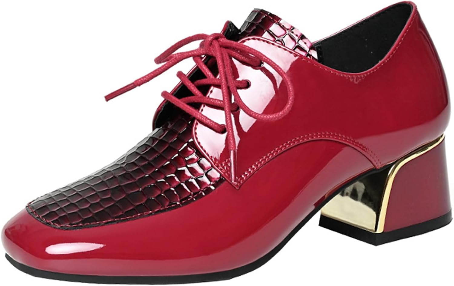 Womens Square Toe Chunky Heeled Oxfords Fashion Print Pattern Lace Up Shiny Block Heel Dress Pump for Business Work Office Dating Party Prom
