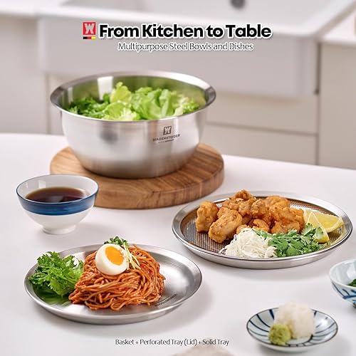 Miniatura 4 de Juego de cuencos de acero inoxidable (3 piezas) Herramientas multifuncionales de preparación de alimentos y hornear con colador y bandeja de
