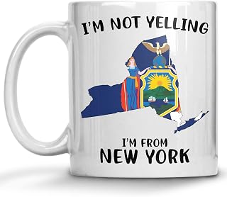 Funny New York Pride Coffee Mugs, I'm Not Yelling I'm From New York Mug, Gift Idea for New York Men and Women Featuring the State Map and Flag, Proud Patriot Souvenirs and Gifts