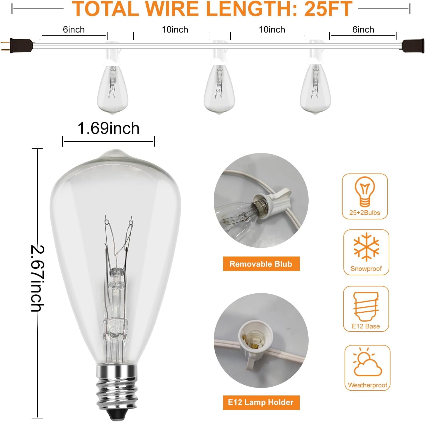 25FT ST35 Outdoor Patio Edison String Lights with 27Clear Bulbs -5 Watt/120 Voltage/E12 Base -White Wire