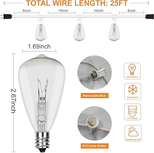 Miniatura 2 de Tira de luces Edison ST35 de 25 pies para patio al aire libre con 27 bombillas transparentes, 5 vatios120 voltajebase E12, cable blanco