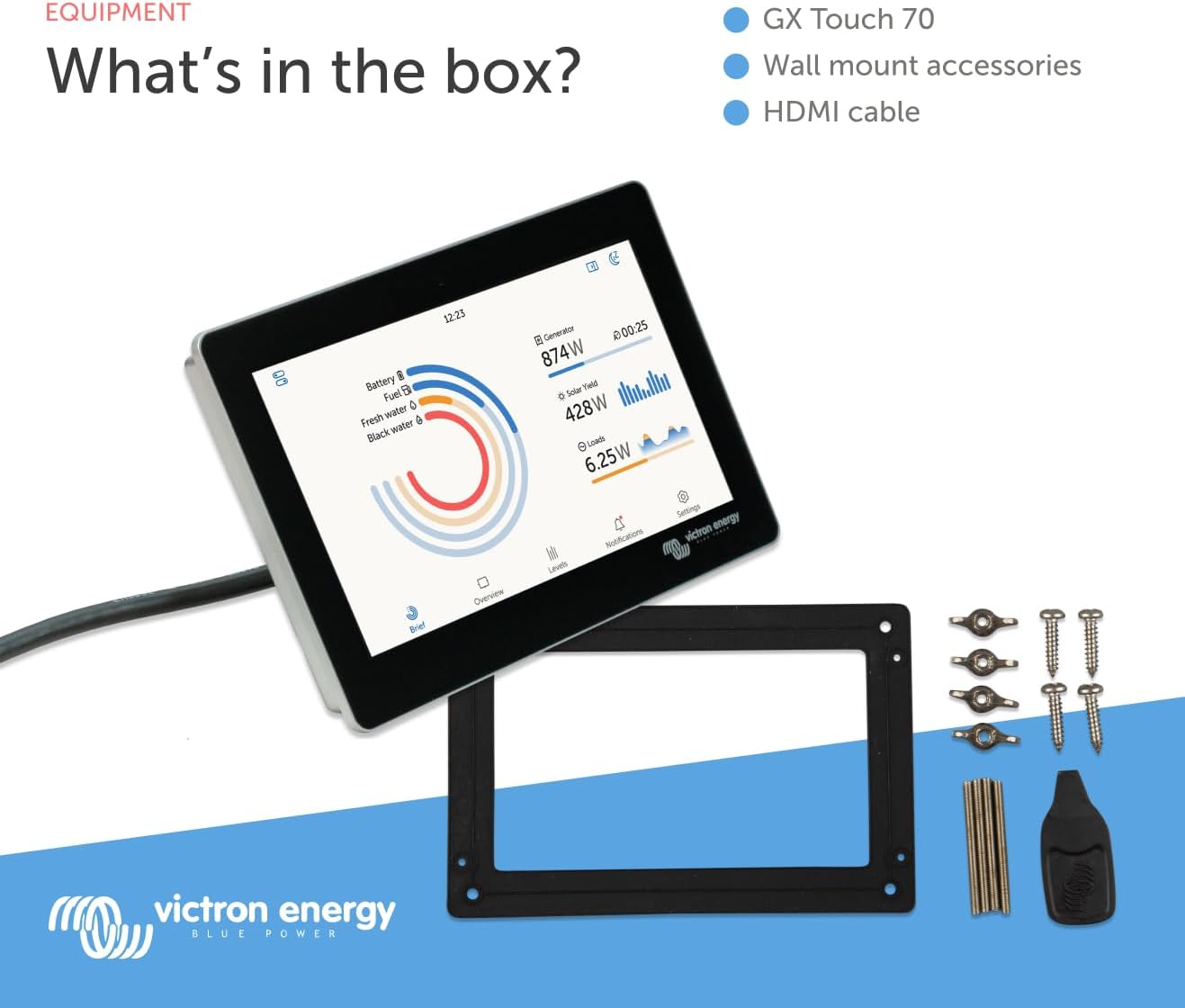Victron Energy GX Touch 70 Display Screen - Waterproof 7-Inch Touchscreen for Cerbo GX for System Monitoring and Control - Easy Dashboard Mounting with Bolted Installation - HDMI Cable Included