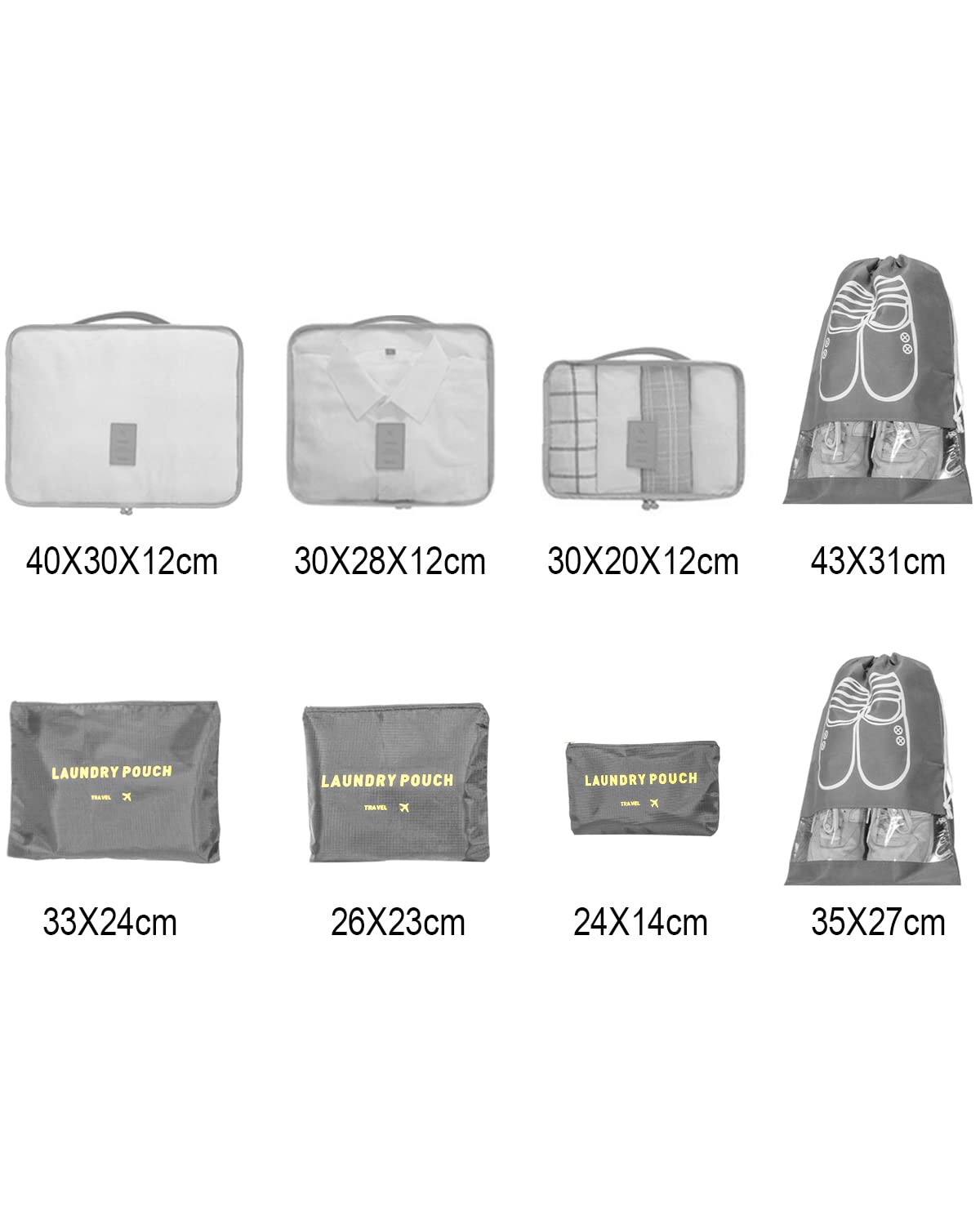 BillyBath Set di organizer per valigie, 8 in 1, organizer da viaggio, per vestiti, scarpe, cosmetici, colore grigio