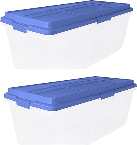 2-Pack 113 Quart Clear Plastic Stackable Storage Bin - with Locking Latches, Smoke Blue, Ideal for HomeOffice, Stores Crafts, Household & Seasonal