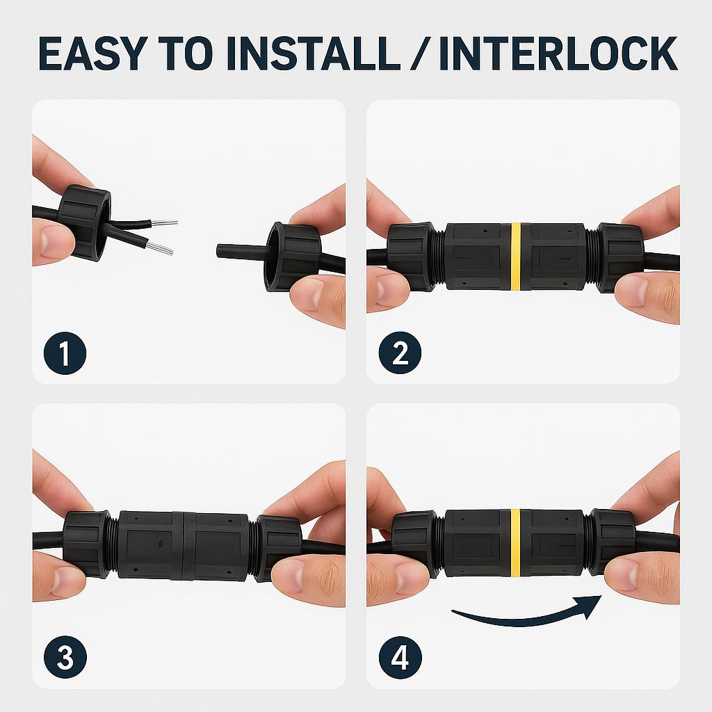 IP68 Waterproof 2 Way Cable Connector–4–10 mm Wire Diameter –Outdoor Electrical Junction Box–UV-Resistant PA66 Housing, Twist Lock Installation
