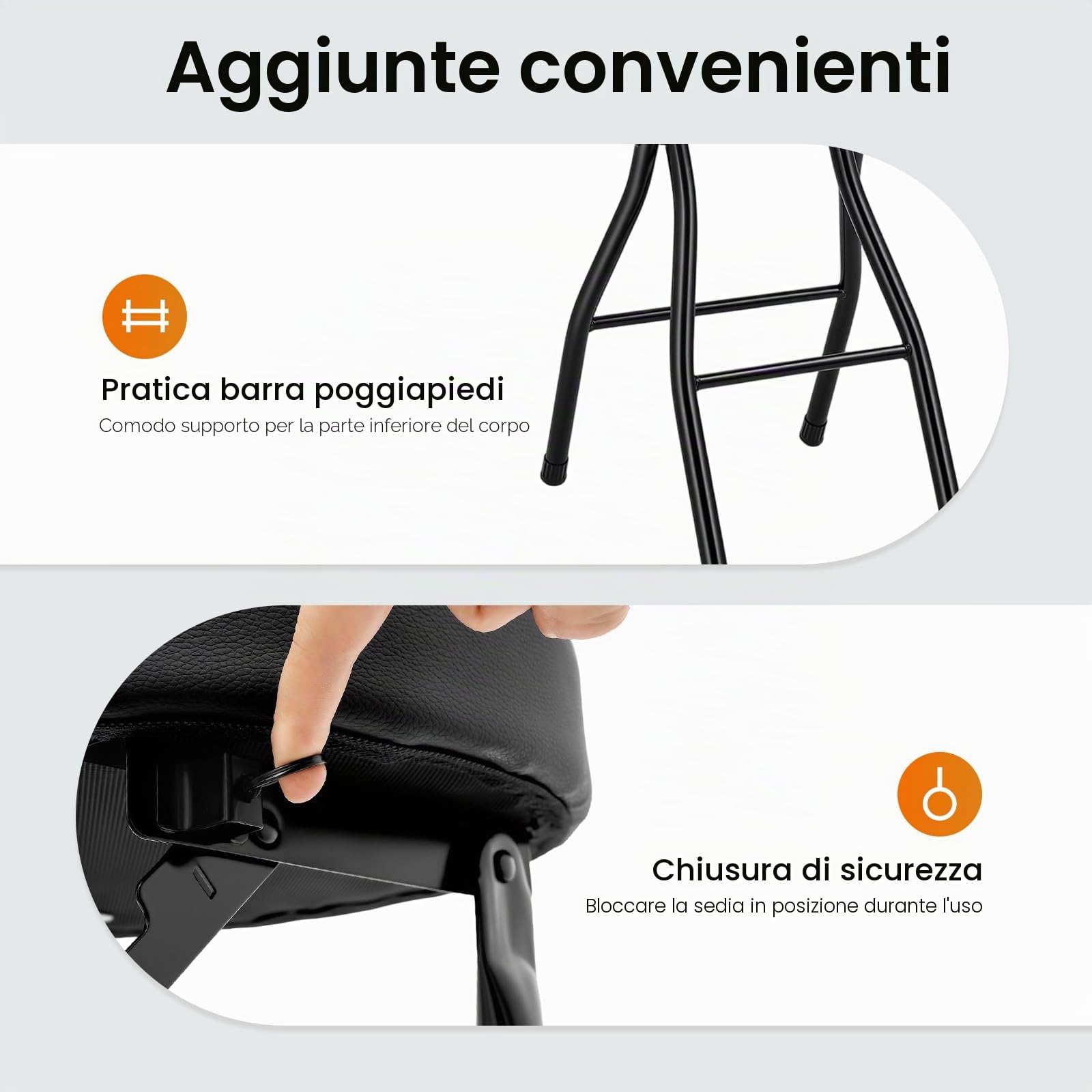 Set di 2 sgabelli da bar pieghevoli, con schienale, 65 cm, per interni ed esterni, cucina, bar, bistrò, campeggio, colore nero, portata 125 kg