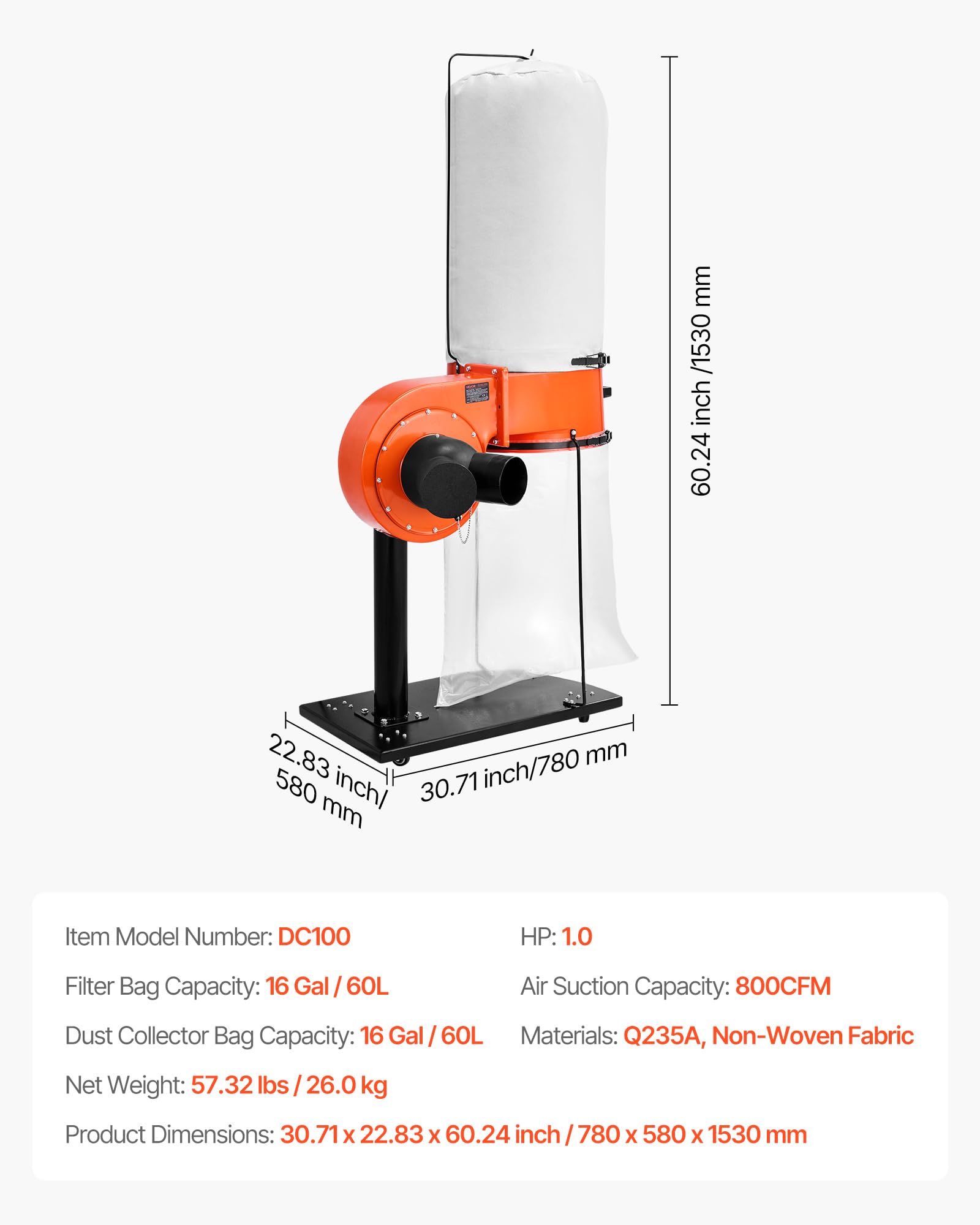 VEVOR Aspiratore di Polvere a Ciclone Vortex da 800 CFM 2,5 Micron, Sistema di Raccolta con Sacco di Raccolta da 60L, Sacco Filtro e Ruote, Velocità di 2800 giri/min, per Lavorazione del Legno
