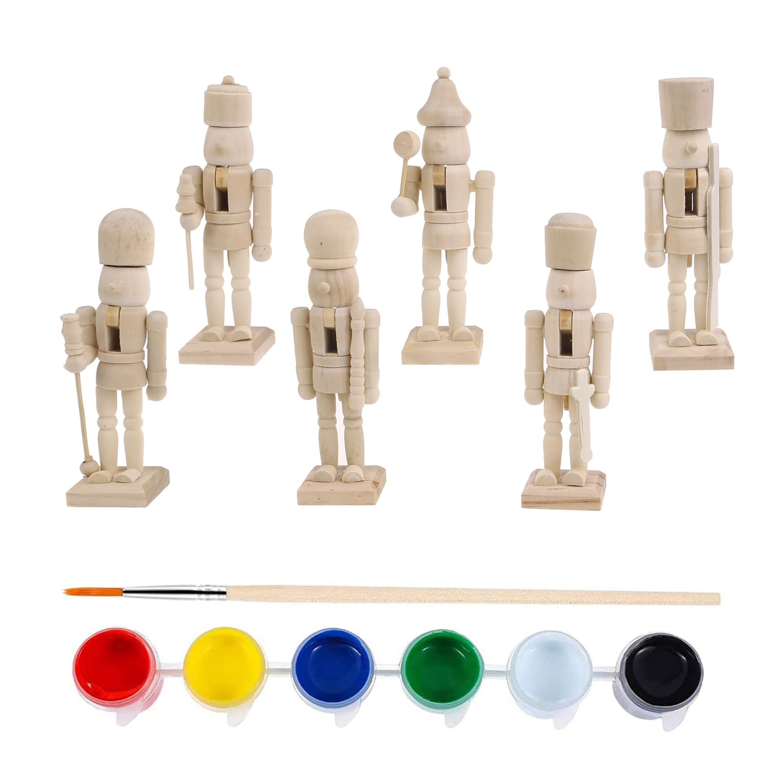 X-Institute Wood Christmas Nutcrackers 6pcs Unfinished Coloring Ornaments Unpainted Puppet Soldiers Ornaments