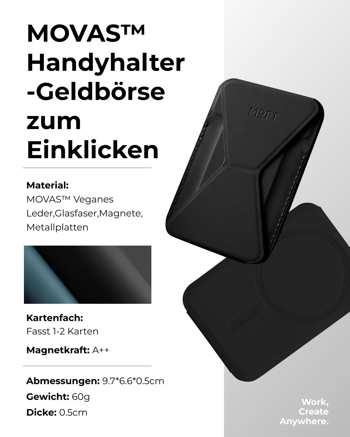 MOFT MagSafe Wallet Ständer für iPhone 17/16/15/14/13/12 Serie Kompatibel mit MagSafe, MOVAS Vegan Leder Magnetischer Handyständer mit 3 Betrachtungswinkeln, 2 Kartenhalter (Jet Black)