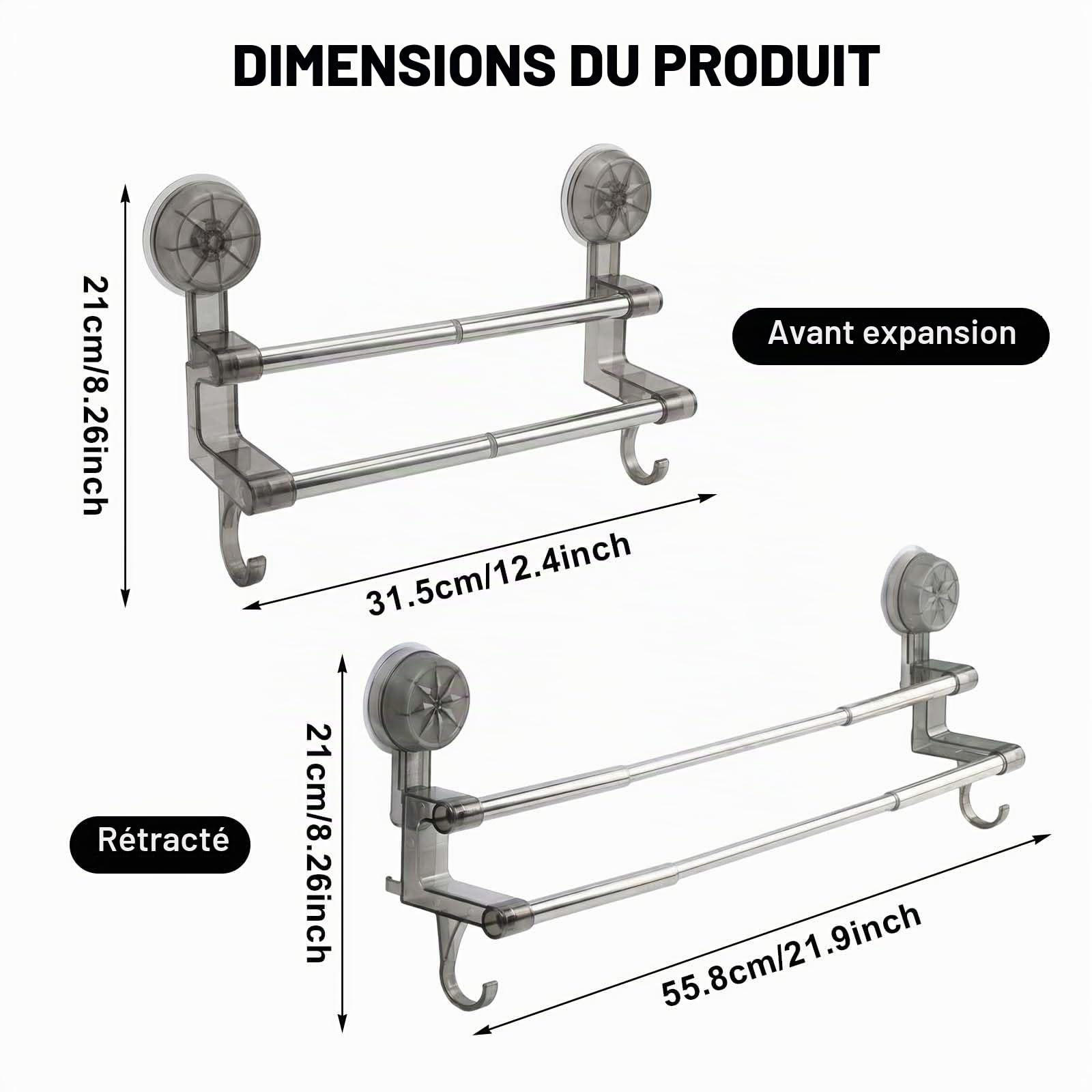 Porte-serviettes Double Extensible en Acier Inoxydable Gris, Barre de Serviette Télescopique 30-60cm pour Salle de Bain et Cuisine, Montage Mural Sans Perçage avec Ventouse, Étagère de Rangement Moder