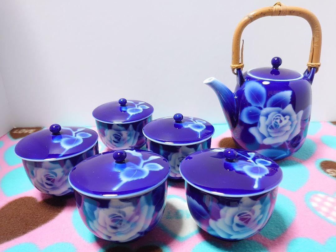 深川製磁 古代バラ 薔薇 茶器セット 高級シリーズ 青いバラ模様の急須