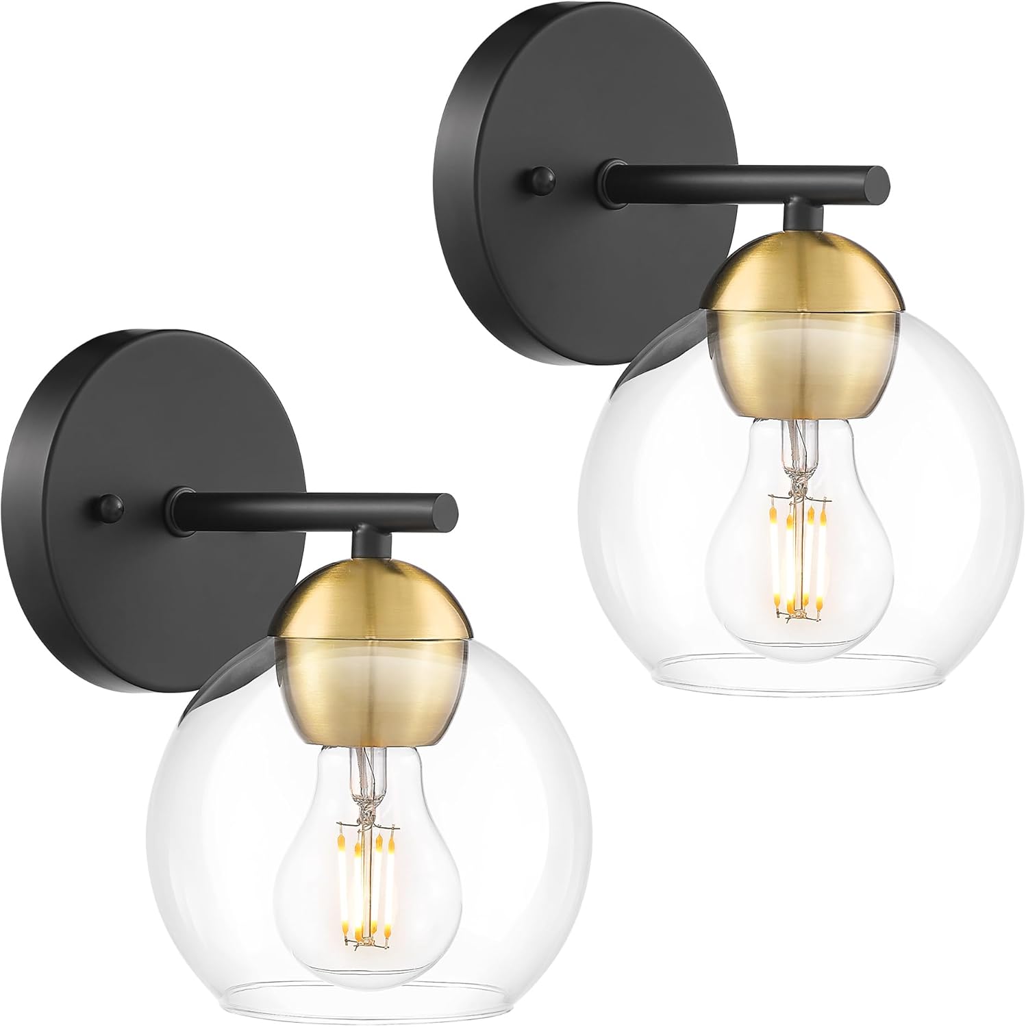 Emak Black and Gold Sconces Set of Two, Modern Globe Vanity Lights with Clear Glass Shade, Wall Sconce for Living Room, Pictures, Bedroom, Bathroom, Hallway, WS114-BKBGD-2PK