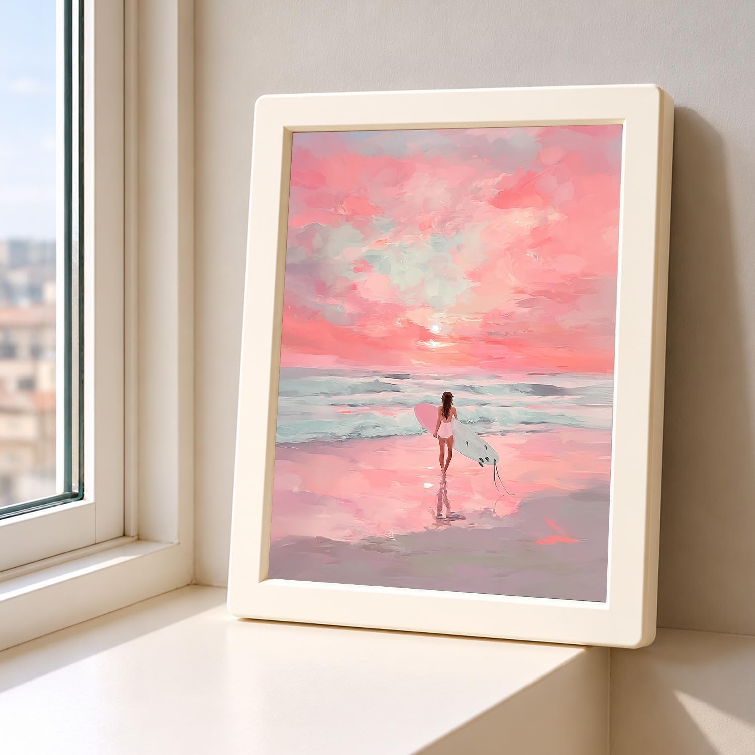 bitCNY Paint by Numbers for Adults, Pink Beach Sunset Surfer DIY Acrylic Painting Kit, Coastal Ocean Paint by Number Canvas Artwork, Relaxing Seascape Wall Decor, 16x20 Inch