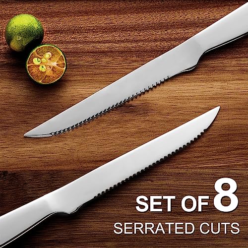 Steak Knives Set of 8, Eisinly Sharp Serrated Knife Set with Sturdy Full Stainless Steel Handle for Kitchen Restaurant Party, 9.5 Inches, Silver - Image 4