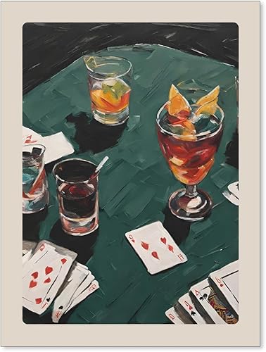 enttgo Arte de pared de bebidas alcohólicas de moda, póquer de cóctel verde, cartas de juego de bares, impresiones en lienzo para dormitorio,