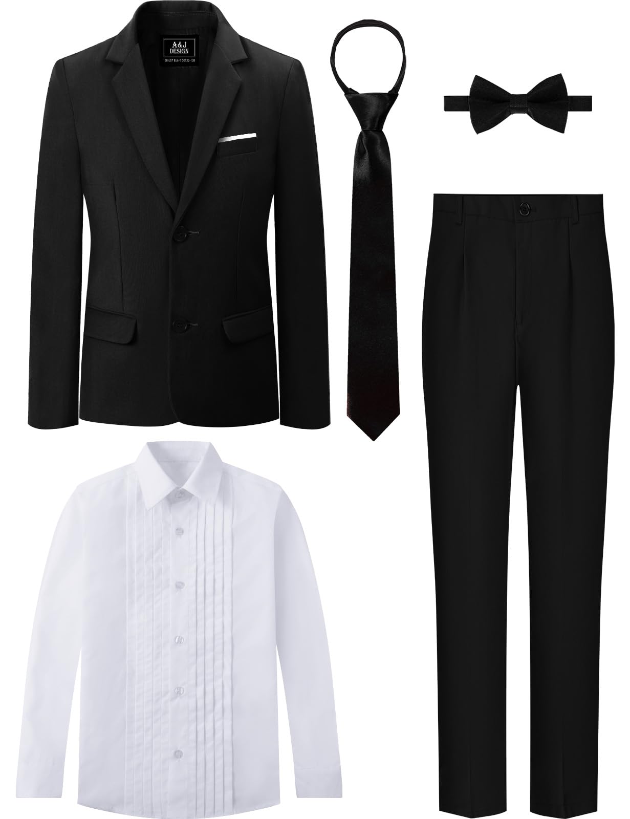 A&J DESIGN Set da smoking da bambino, 5 pezzi, giacca, camicia, pantaloni, cravatta e papillon per bambini dai 6 ai 16 anni, elegante abbigliamento formale
