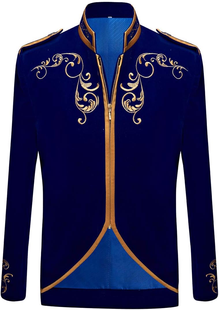 PYJTRL Mens Stylish Court Prince Black Velvet Gold Embroidery Blazer Suit Jacket