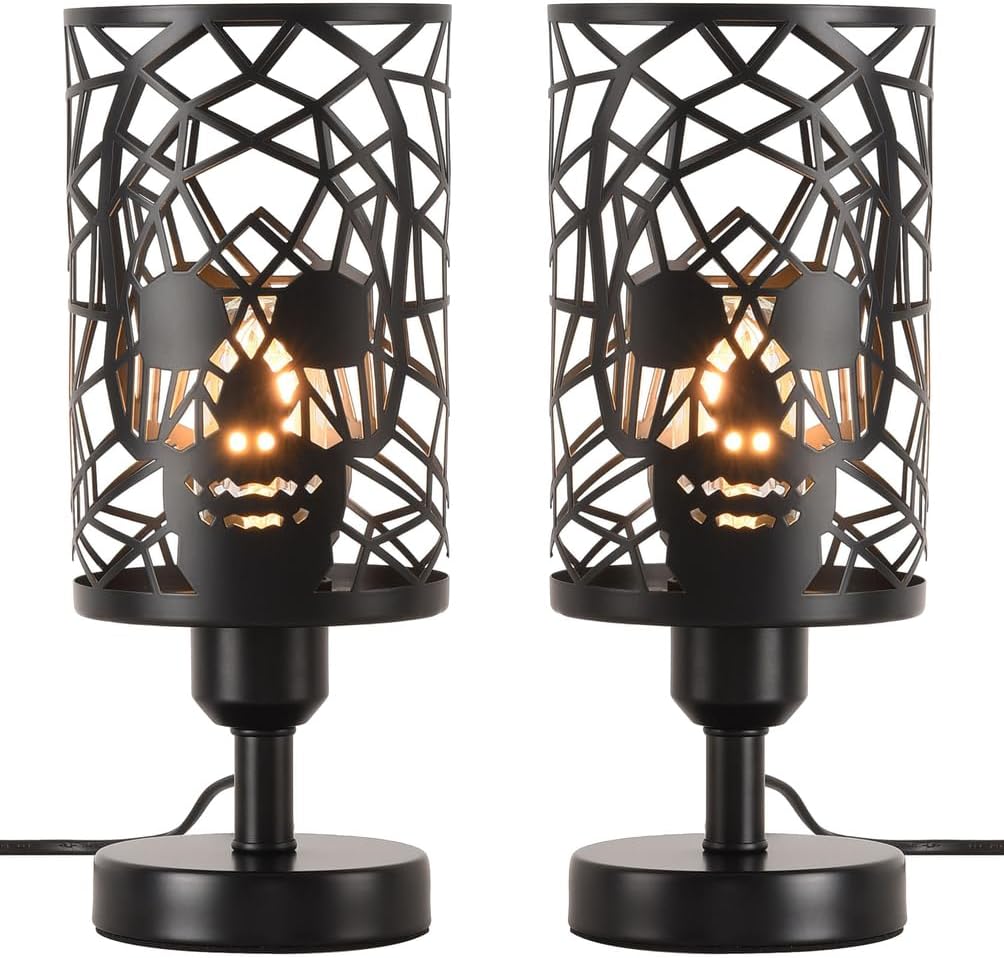 Skull Table Lamp for Bedroom Set of 2, Black Industrial Nightstand Lamp with Plug-in Switch, E26 Goth Desk Lamp with Round Skull Metal Cage Lampshades for Living Room, Festive
