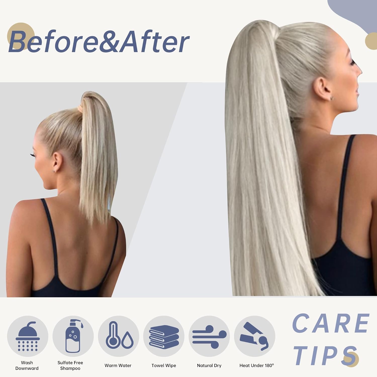 LaaVoo Pony Tail Extensions Real Human Hair 16 Inch 80g White Blonde Remy Straight Ponytail hair Extensions #60 - Image 4