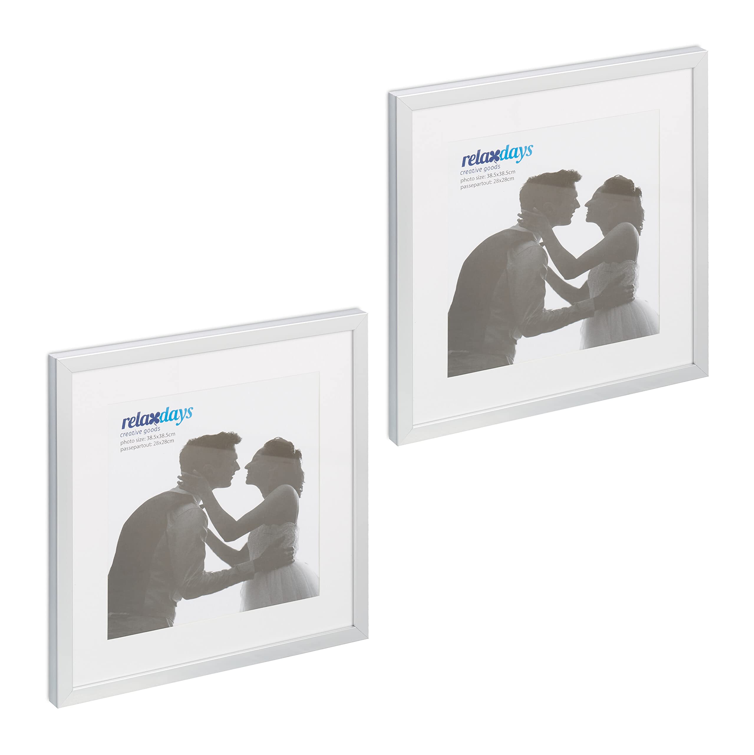 Relaxdays Set of 2 Picture Frames, 38.5 x 38.5 cm, Square Format, Tabletop or Hanging Photo Holder, Passepartout, Silver, Fibreboard, 41 x 41 x 2.5 cm