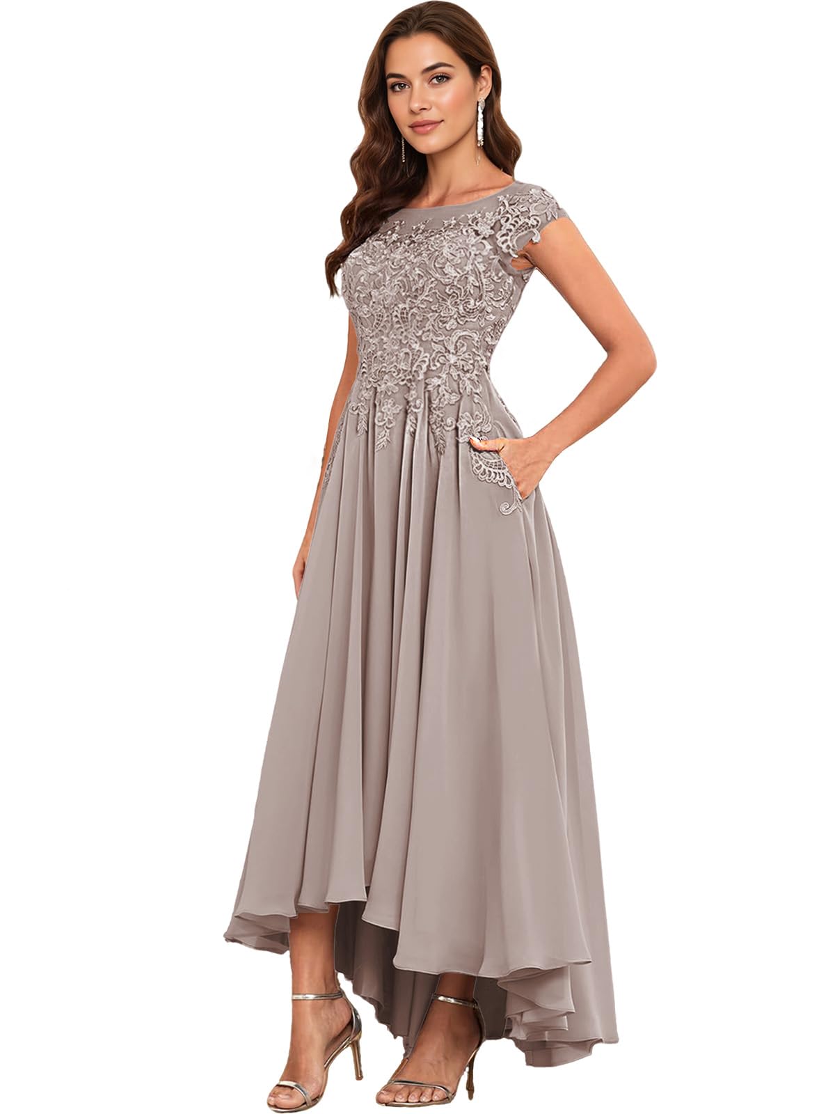 Ontoefy Lace Applique Chiffon Mother of The Bride Dresses for Wedding - Tea Length Formal Evening Gown for Women