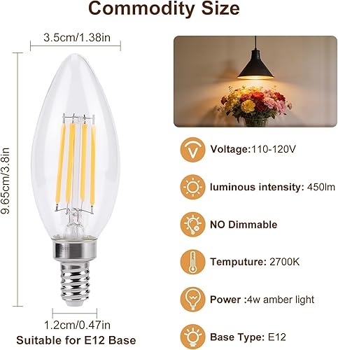 Miniatura 3 de KINUR Bombillas LED para candelabro E12 de 4 W (equivalente a 40 vatios), bombillas LED para lámpara de araña de 2700 K, luz blanca cálida, bombilla