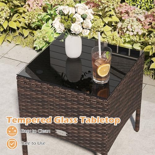 Image of Tangkula 3 Pieces Patio PE Wicker Furniture Set, Outdoor Bistro Conversation Set with Cushions and Tempered Glass Coffee Table, Outside Rattan Table and Chairs for Porch (Beige)