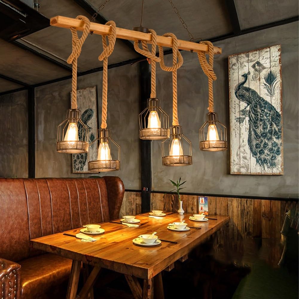 JOJOM Lámpara Colgante Industrial Vintage Altura Ajustable Iluminación Colgante de Madera Lámpara de Cristal Industrial E27 Lámpara Colgante Habitación Hotel Bar Salón Comedor