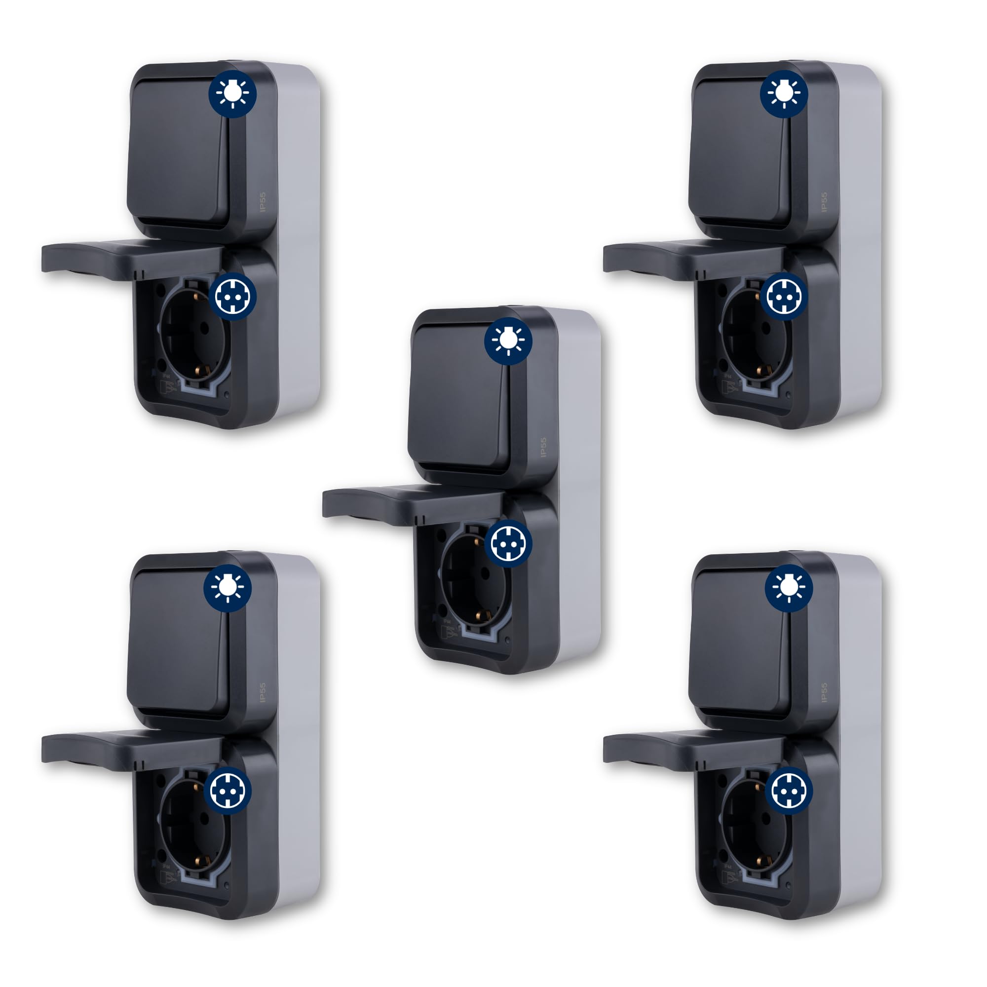 REV AquaStorm - Juego de 5 enchufes con interruptor de luz, para ambientes húmedos, IP55, vertical, 230 V, 16 A, antracita