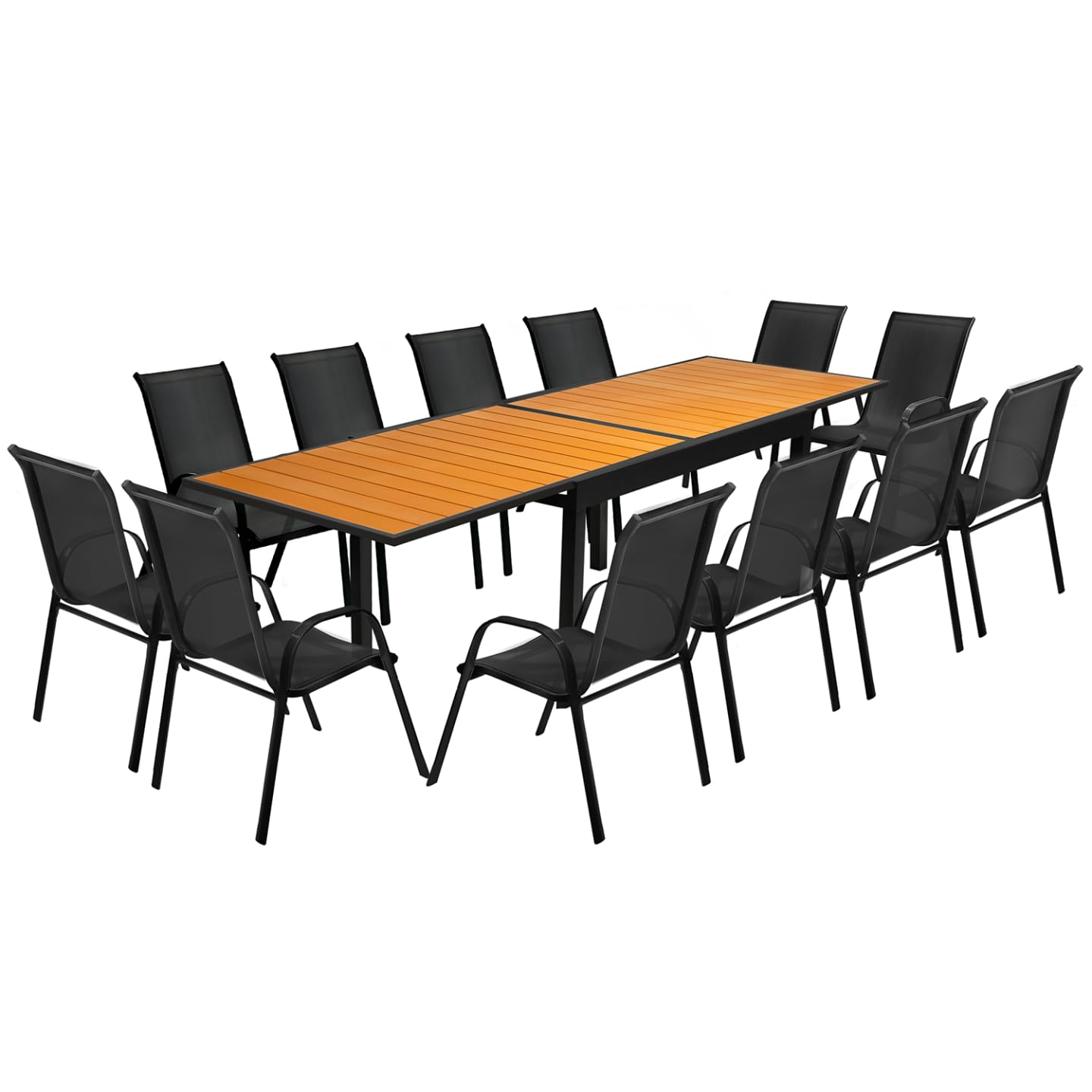IDMarket - Salon de Jardin Poly Extensible Table 135/​270 cm et 12 chaises Bois et Noir