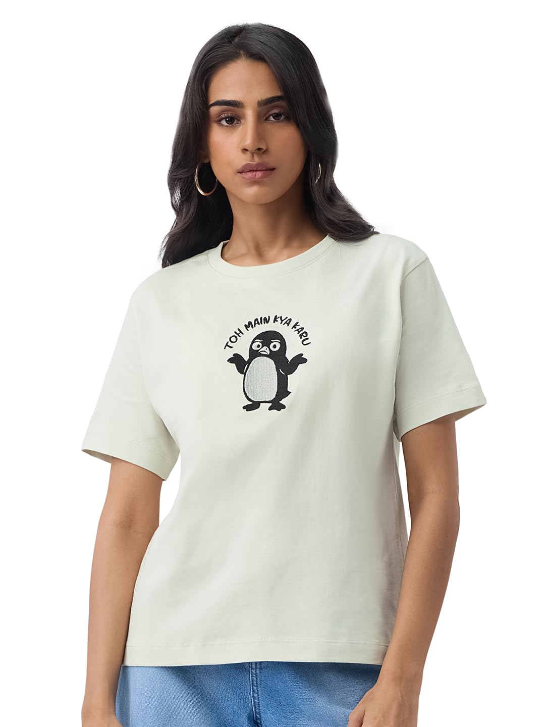 to Main Kya Karu Women and Girls Short Sleeves Round Neck Light White Typography Embroidered Cotton Relaxed Fit Breathable Casual Streetwear T-Shirt-image-19