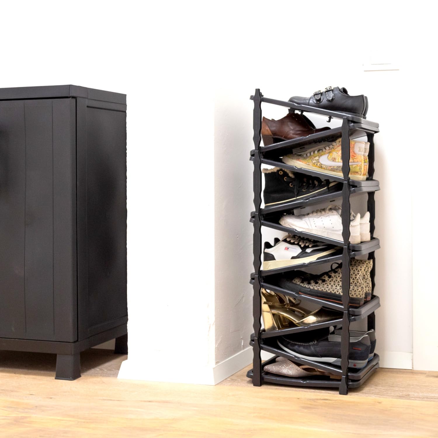 Porte-chaussures Avilia - 10 Paires - Avec Roulettes - Plastique Noir - 36x30x65cm