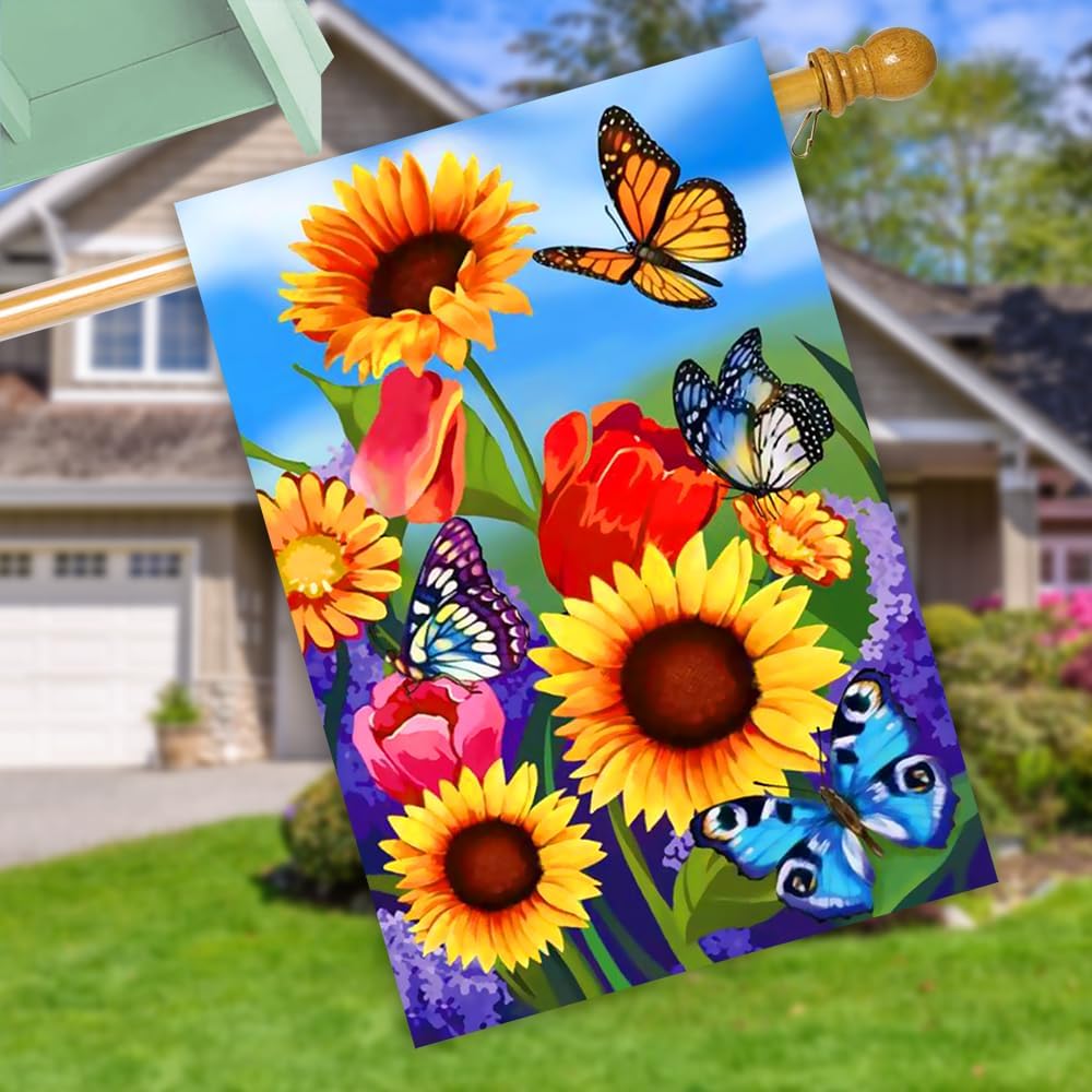 large Garden Flag 28x40 Double Sided sunflower spring flag, monarch Butterfly Floral Flower Welcome Garden Yard House Flags Outside House Spring Summer Décor