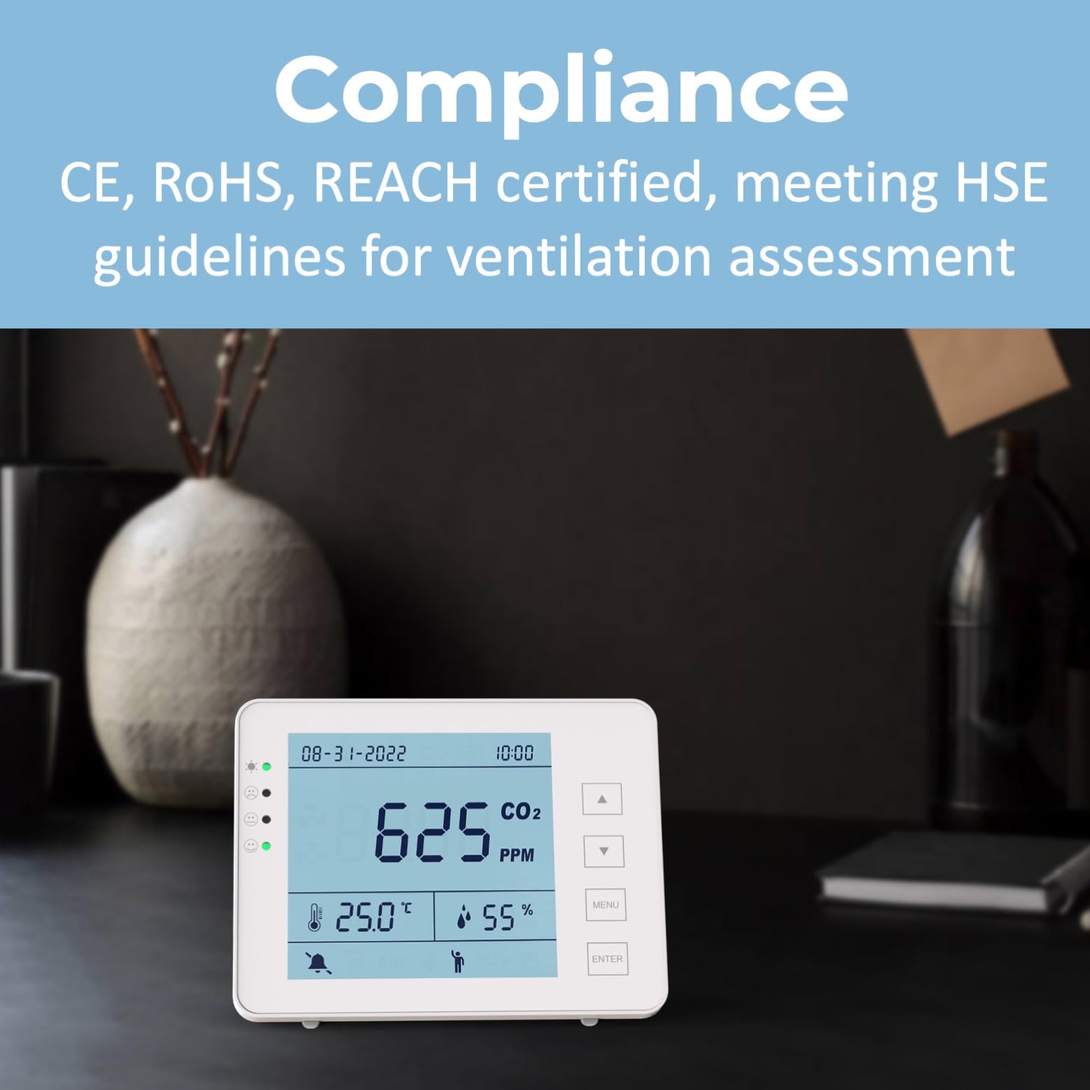 Detector 3 en 1 – Medidor CO2 Temperatura Humedad RH | Batería 10h | SA1300P | Sensor NDIR | Registrador de datos con alarma | para casa y ambientes interiores | Registrador de datos | Dióxido de