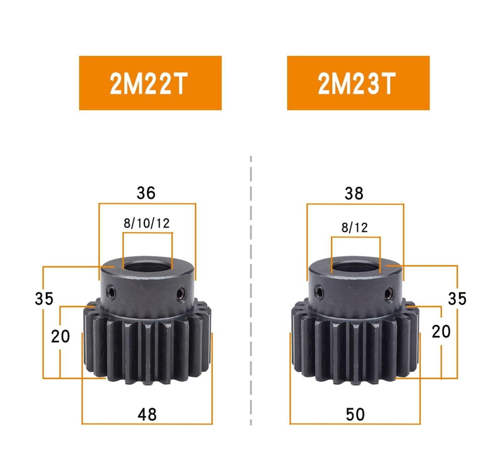 Bevel Gear Pinion Hardware Mechanical 2M-22T/23T Bore Size 8/10/12/14mm Gear Wheel Blackening Carbon Steel Teeth Height 20mm Gear Height 35mm(2M23T - Bore 12 mm)