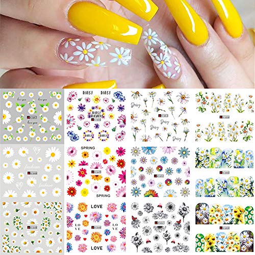 Nail Art Stickers for Women Nail Art Supplies, 12 Sheets Flower Water Transfer Nail Decals Sunflower Daisy Nail Decals Nail Art Accessories Summer DIY Nails Design for Acrylic Nail Decorations